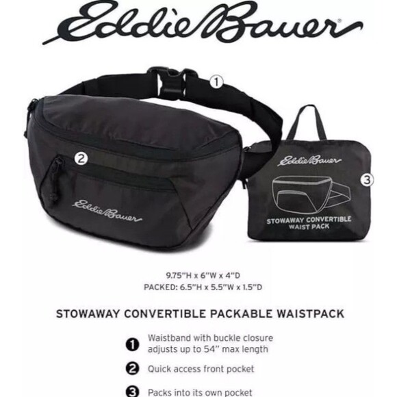 Eddie Bauer Stowaway 1L Packable Waistpack, Onyx, EBB3005-031 - Picture 5 of 6